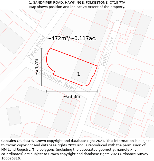 1, SANDPIPER ROAD, HAWKINGE, FOLKESTONE, CT18 7TA: Plot and title map