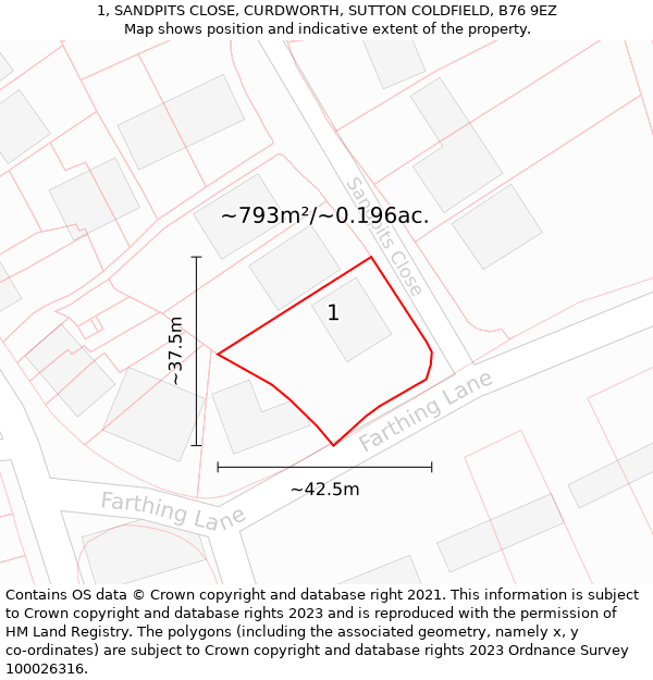 1, SANDPITS CLOSE, CURDWORTH, SUTTON COLDFIELD, B76 9EZ: Plot and title map