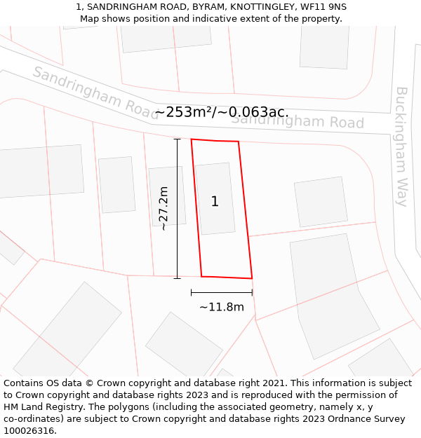 1, SANDRINGHAM ROAD, BYRAM, KNOTTINGLEY, WF11 9NS: Plot and title map