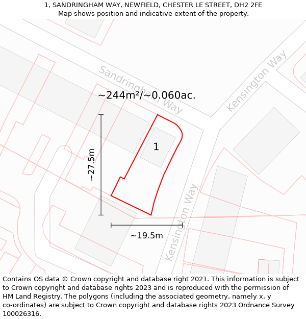 1, SANDRINGHAM WAY, NEWFIELD, CHESTER LE STREET, DH2 2FE: Plot and title map