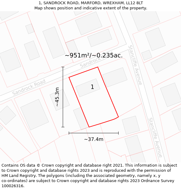 1, SANDROCK ROAD, MARFORD, WREXHAM, LL12 8LT: Plot and title map