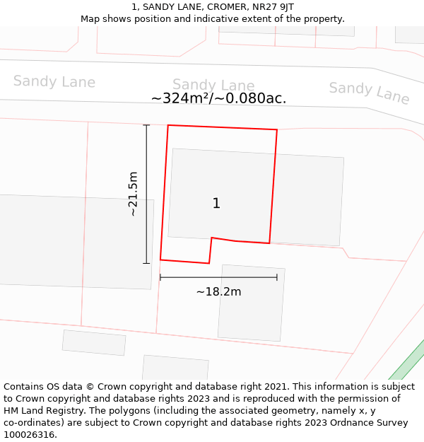 1, SANDY LANE, CROMER, NR27 9JT: Plot and title map