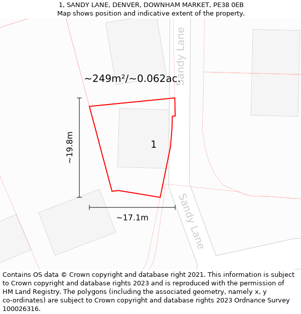 1, SANDY LANE, DENVER, DOWNHAM MARKET, PE38 0EB: Plot and title map