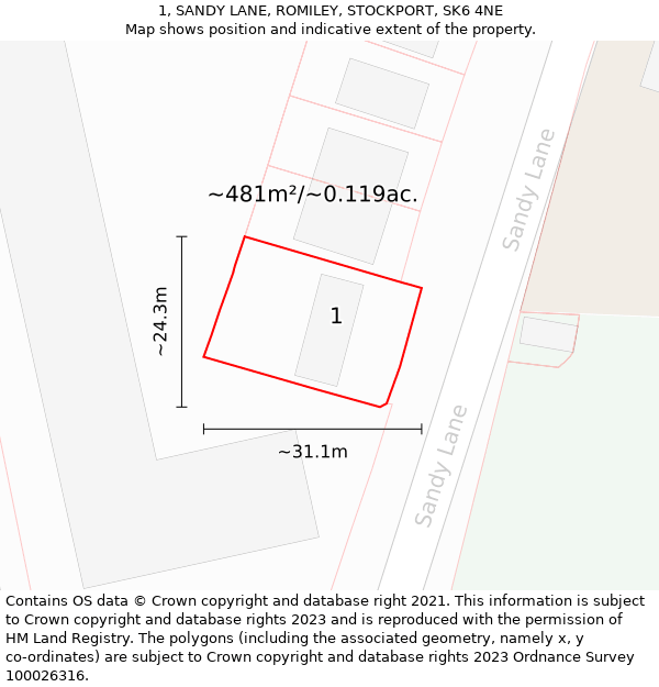 1, SANDY LANE, ROMILEY, STOCKPORT, SK6 4NE: Plot and title map