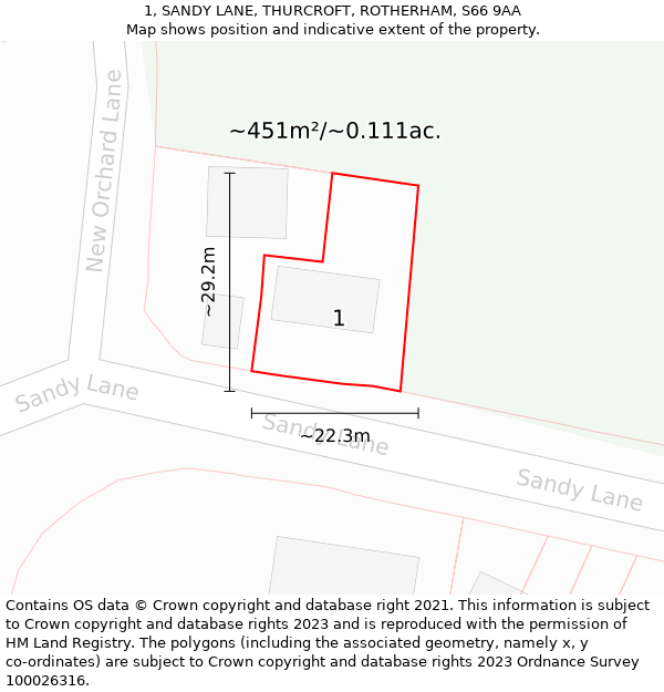 1, SANDY LANE, THURCROFT, ROTHERHAM, S66 9AA: Plot and title map