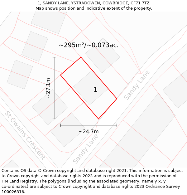 1, SANDY LANE, YSTRADOWEN, COWBRIDGE, CF71 7TZ: Plot and title map