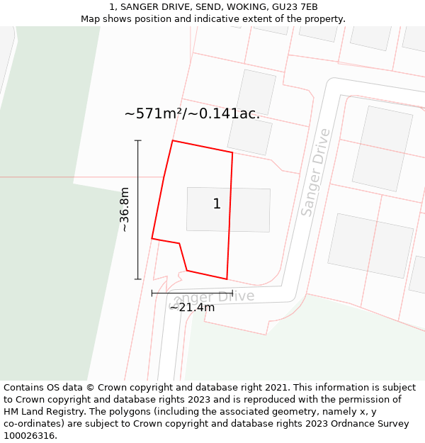 1, SANGER DRIVE, SEND, WOKING, GU23 7EB: Plot and title map