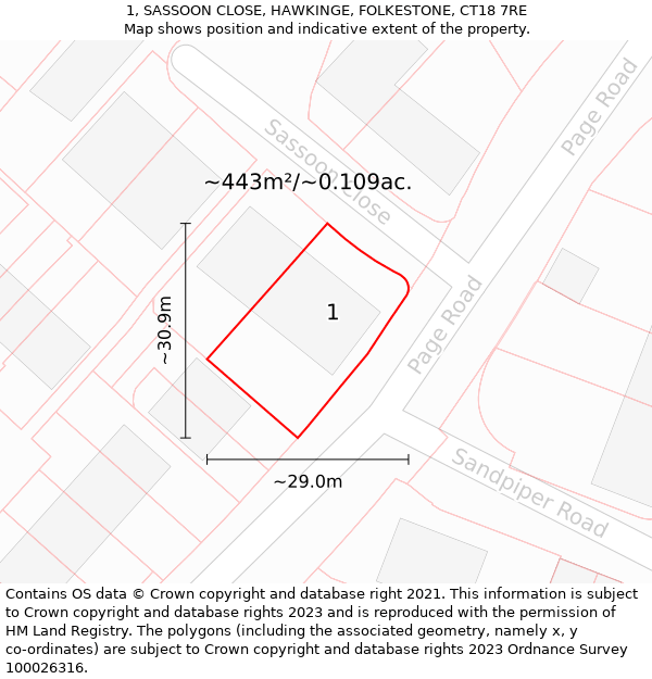 1, SASSOON CLOSE, HAWKINGE, FOLKESTONE, CT18 7RE: Plot and title map