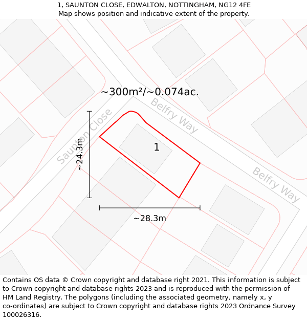 1, SAUNTON CLOSE, EDWALTON, NOTTINGHAM, NG12 4FE: Plot and title map