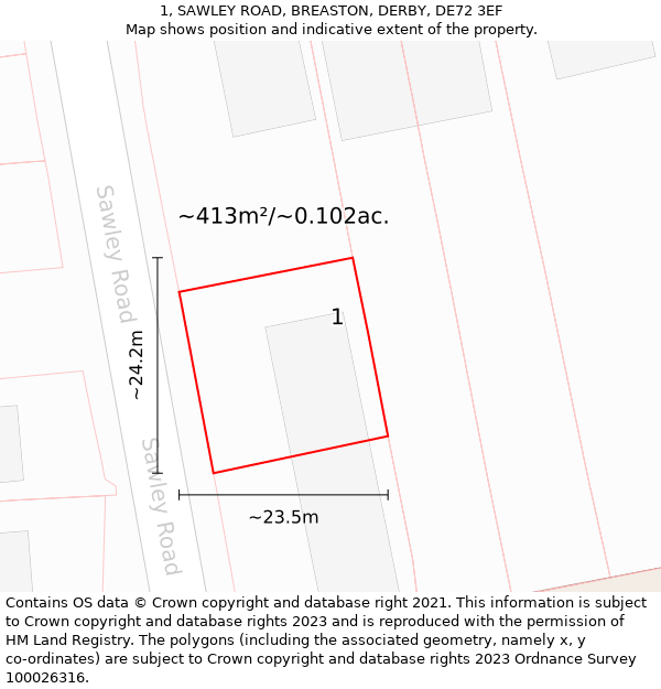 1, SAWLEY ROAD, BREASTON, DERBY, DE72 3EF: Plot and title map