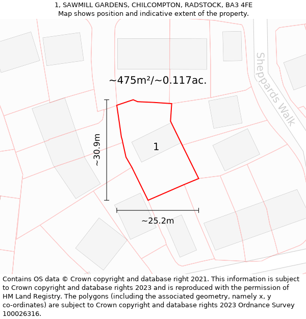 1, SAWMILL GARDENS, CHILCOMPTON, RADSTOCK, BA3 4FE: Plot and title map