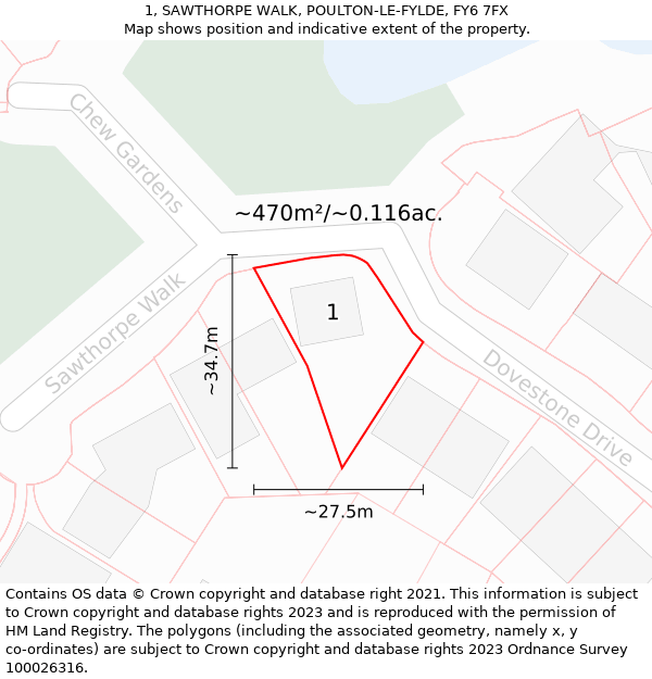 1, SAWTHORPE WALK, POULTON-LE-FYLDE, FY6 7FX: Plot and title map