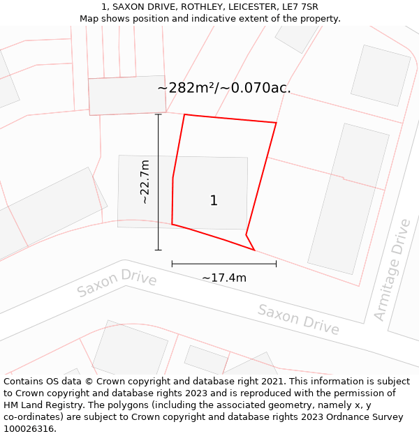 1, SAXON DRIVE, ROTHLEY, LEICESTER, LE7 7SR: Plot and title map