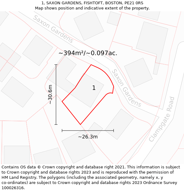 1, SAXON GARDENS, FISHTOFT, BOSTON, PE21 0RS: Plot and title map