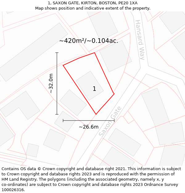 1, SAXON GATE, KIRTON, BOSTON, PE20 1XA: Plot and title map