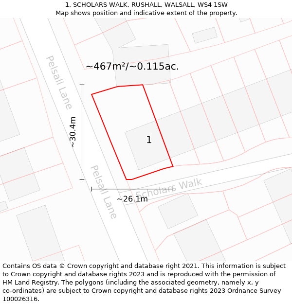 1, SCHOLARS WALK, RUSHALL, WALSALL, WS4 1SW: Plot and title map