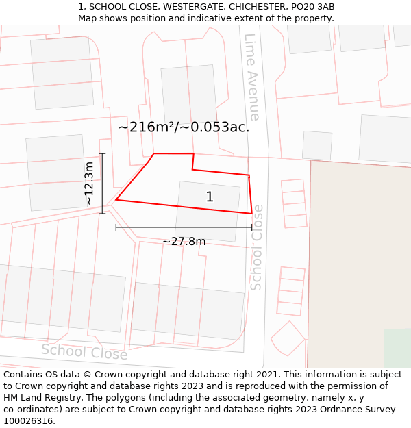 1, SCHOOL CLOSE, WESTERGATE, CHICHESTER, PO20 3AB: Plot and title map