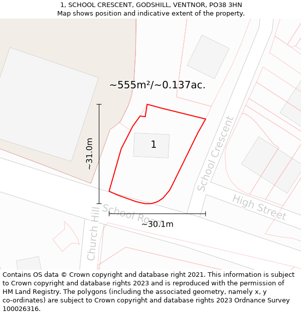 1, SCHOOL CRESCENT, GODSHILL, VENTNOR, PO38 3HN: Plot and title map