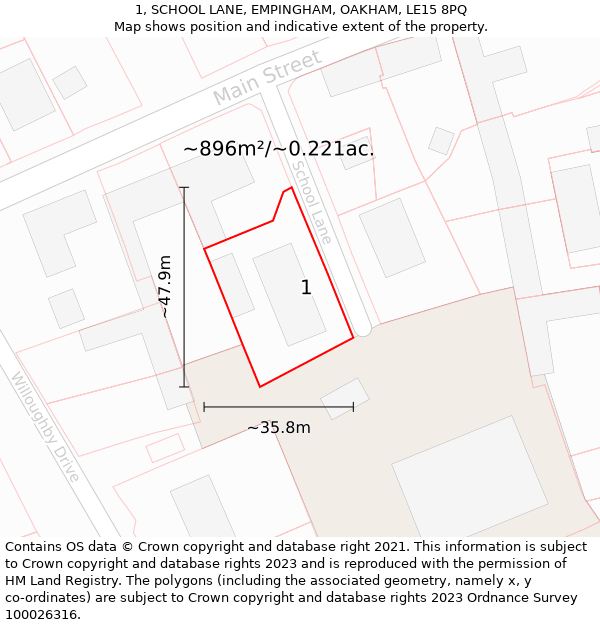 1, SCHOOL LANE, EMPINGHAM, OAKHAM, LE15 8PQ: Plot and title map