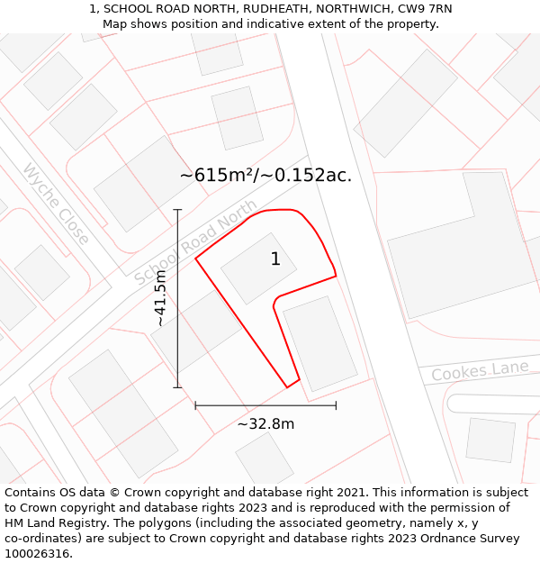 1, SCHOOL ROAD NORTH, RUDHEATH, NORTHWICH, CW9 7RN: Plot and title map