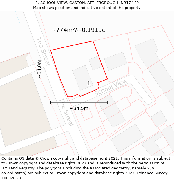 1, SCHOOL VIEW, CASTON, ATTLEBOROUGH, NR17 1FP: Plot and title map