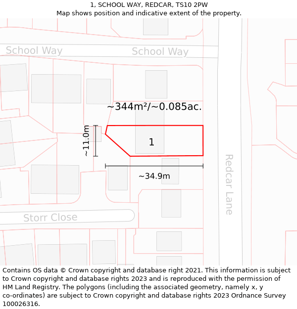 1, SCHOOL WAY, REDCAR, TS10 2PW: Plot and title map