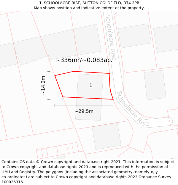 1, SCHOOLACRE RISE, SUTTON COLDFIELD, B74 3PR: Plot and title map