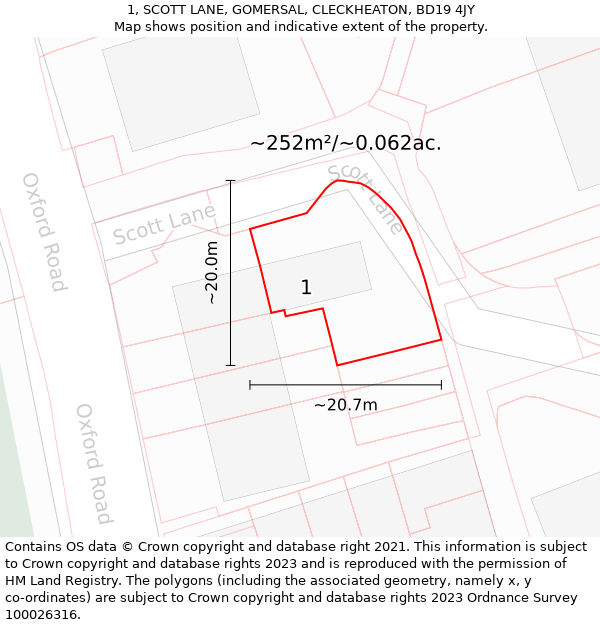 1, SCOTT LANE, GOMERSAL, CLECKHEATON, BD19 4JY: Plot and title map