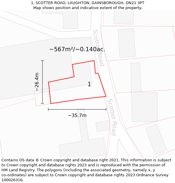 1, SCOTTER ROAD, LAUGHTON, GAINSBOROUGH, DN21 3PT: Plot and title map