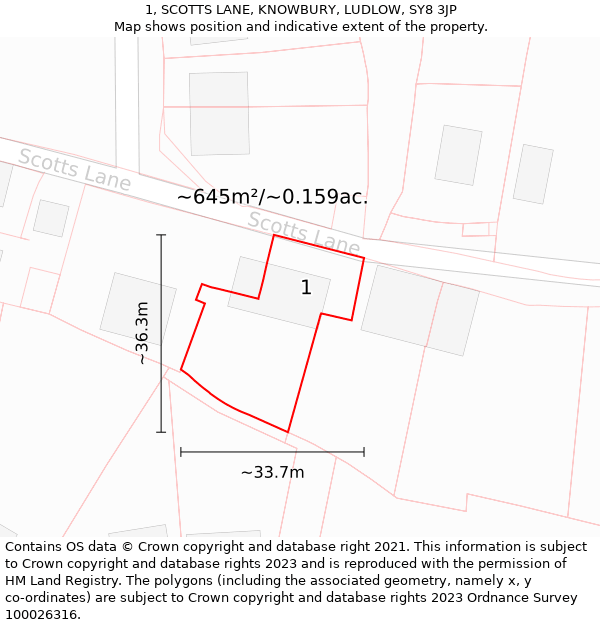 1, SCOTTS LANE, KNOWBURY, LUDLOW, SY8 3JP: Plot and title map