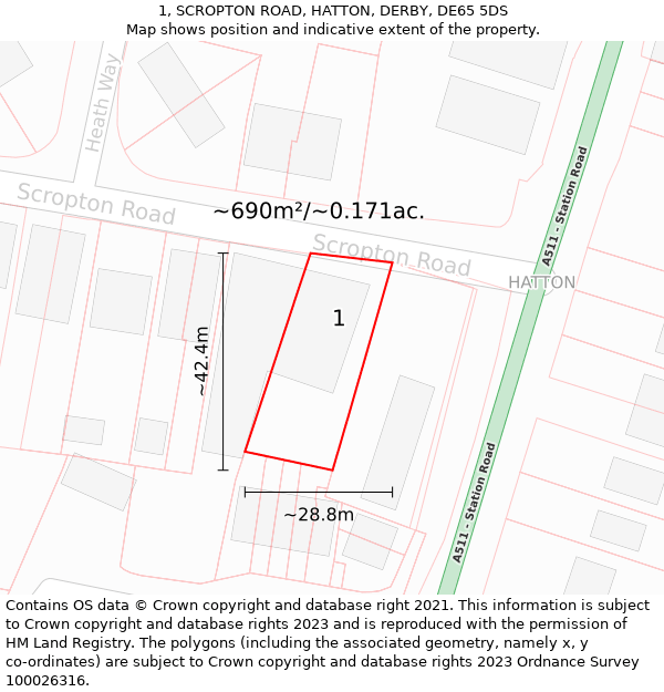 1, SCROPTON ROAD, HATTON, DERBY, DE65 5DS: Plot and title map