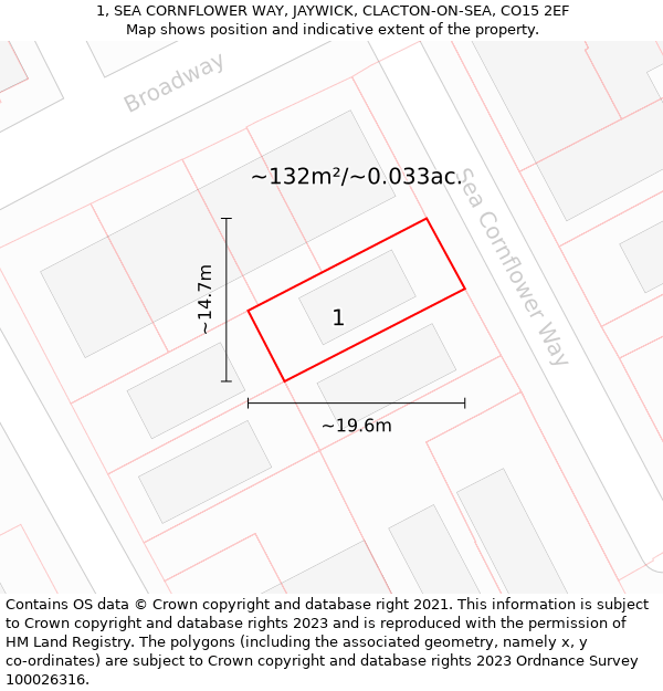 1, SEA CORNFLOWER WAY, JAYWICK, CLACTON-ON-SEA, CO15 2EF: Plot and title map