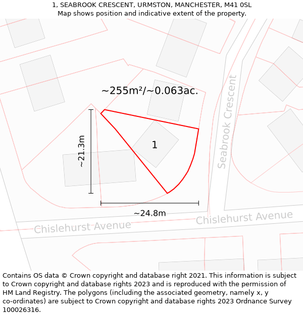 1, SEABROOK CRESCENT, URMSTON, MANCHESTER, M41 0SL: Plot and title map