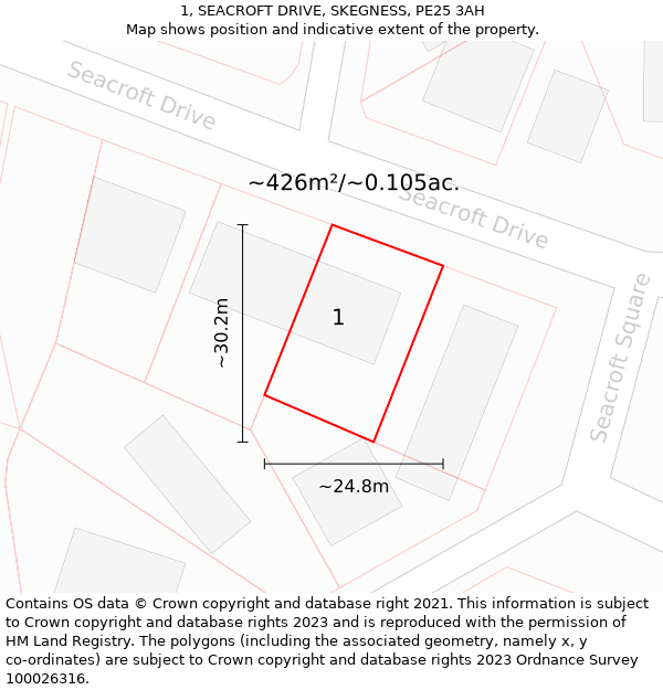 1, SEACROFT DRIVE, SKEGNESS, PE25 3AH: Plot and title map