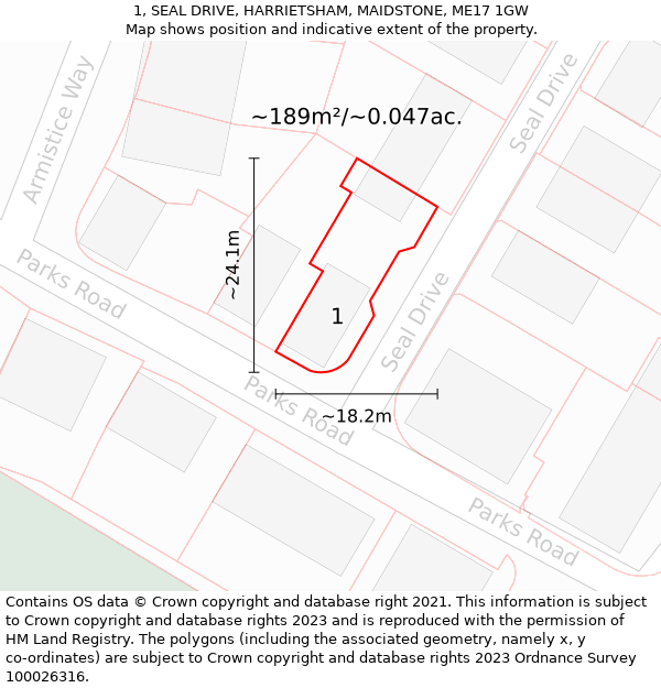 1, SEAL DRIVE, HARRIETSHAM, MAIDSTONE, ME17 1GW: Plot and title map