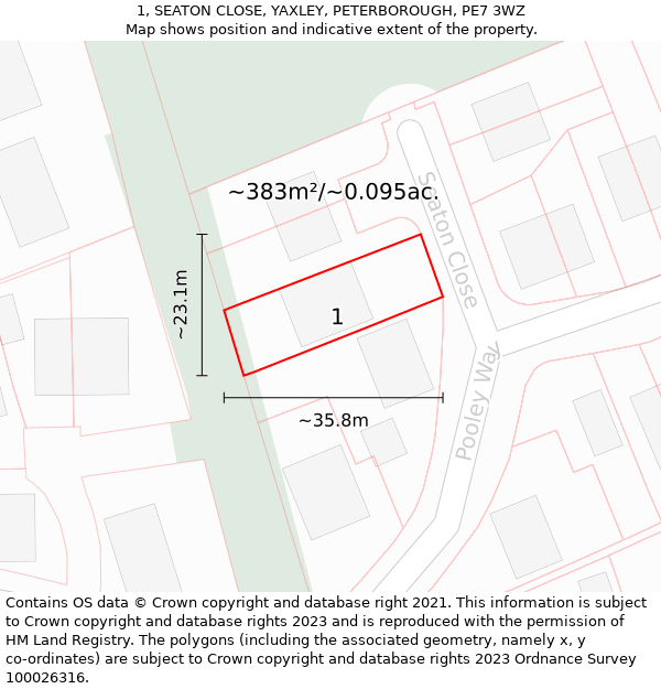 1, SEATON CLOSE, YAXLEY, PETERBOROUGH, PE7 3WZ: Plot and title map