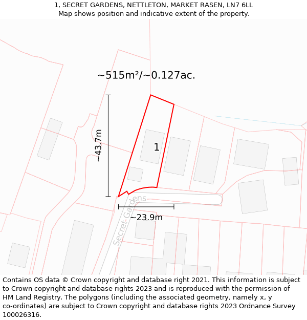 1, SECRET GARDENS, NETTLETON, MARKET RASEN, LN7 6LL: Plot and title map