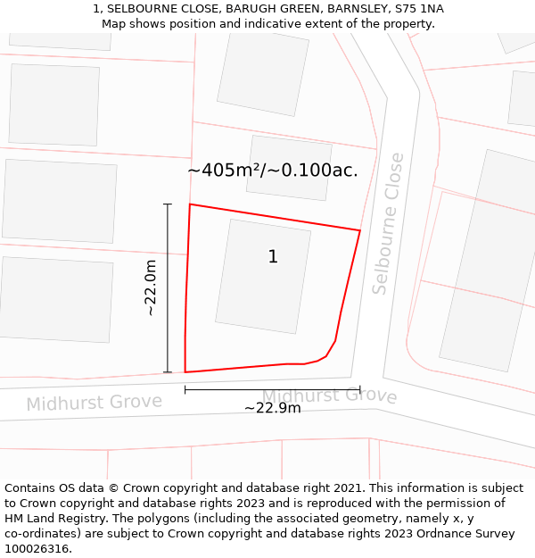 1, SELBOURNE CLOSE, BARUGH GREEN, BARNSLEY, S75 1NA: Plot and title map