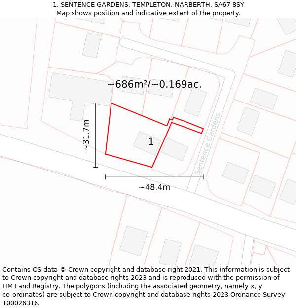 1, SENTENCE GARDENS, TEMPLETON, NARBERTH, SA67 8SY: Plot and title map