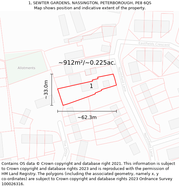 1, SEWTER GARDENS, NASSINGTON, PETERBOROUGH, PE8 6QS: Plot and title map