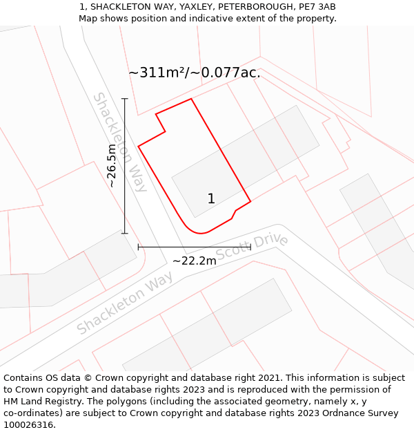 1, SHACKLETON WAY, YAXLEY, PETERBOROUGH, PE7 3AB: Plot and title map