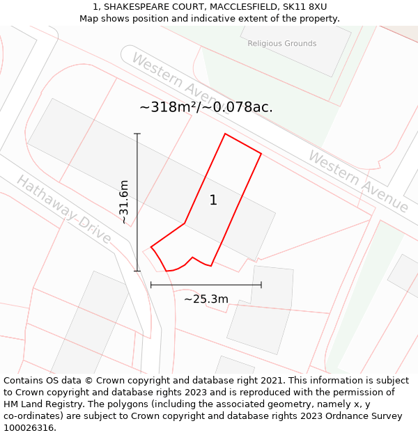 1, SHAKESPEARE COURT, MACCLESFIELD, SK11 8XU: Plot and title map