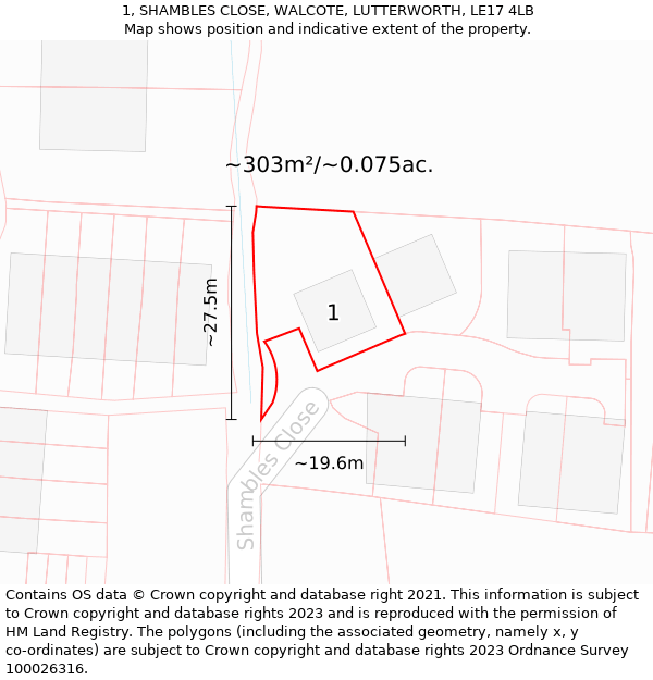 1, SHAMBLES CLOSE, WALCOTE, LUTTERWORTH, LE17 4LB: Plot and title map