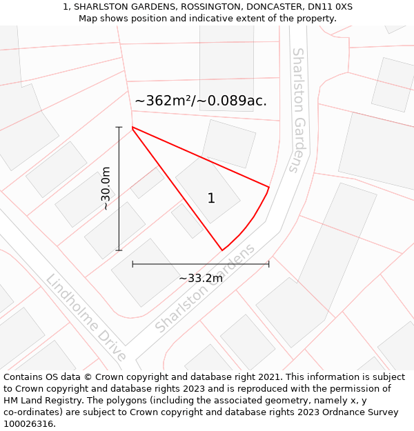 1, SHARLSTON GARDENS, ROSSINGTON, DONCASTER, DN11 0XS: Plot and title map