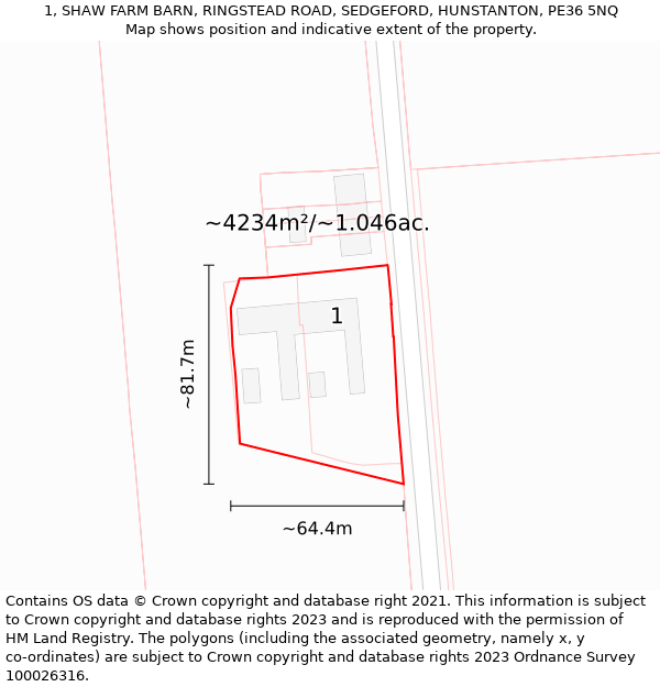 1, SHAW FARM BARN, RINGSTEAD ROAD, SEDGEFORD, HUNSTANTON, PE36 5NQ: Plot and title map