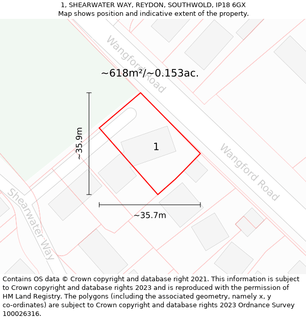 1, SHEARWATER WAY, REYDON, SOUTHWOLD, IP18 6GX: Plot and title map