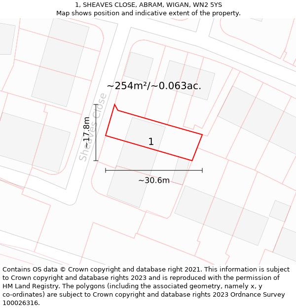 1, SHEAVES CLOSE, ABRAM, WIGAN, WN2 5YS: Plot and title map