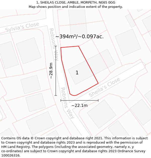 1, SHEILAS CLOSE, AMBLE, MORPETH, NE65 0GG: Plot and title map