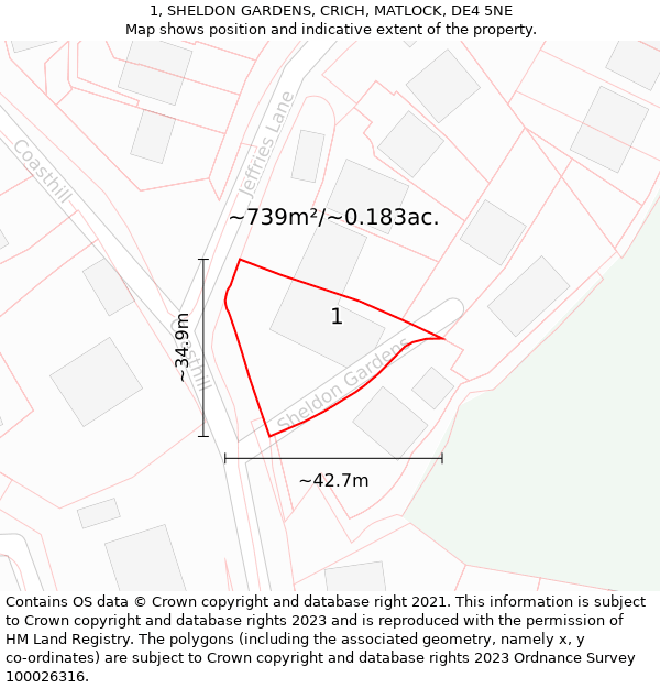 1, SHELDON GARDENS, CRICH, MATLOCK, DE4 5NE: Plot and title map