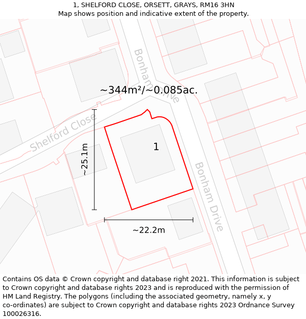 1, SHELFORD CLOSE, ORSETT, GRAYS, RM16 3HN: Plot and title map